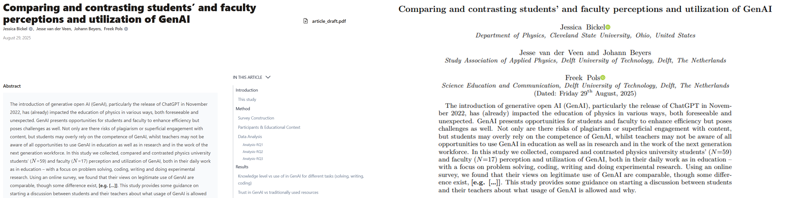 The web-based version (left) and PDF version (right) of a scientific manuscript created with Jupyter Book.